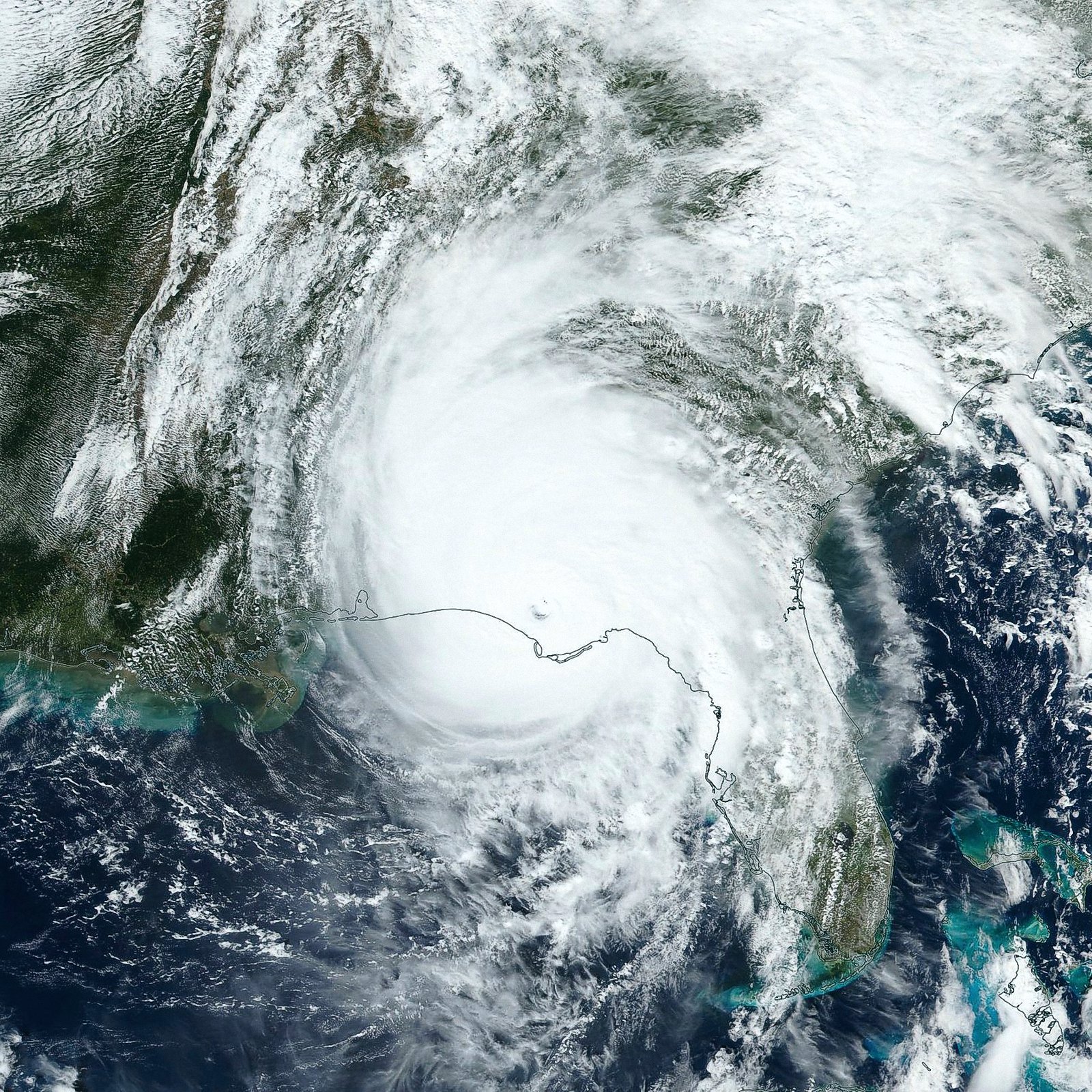 Hurricane Michael storms swirling about the panhandle as seejn from above, tablet view